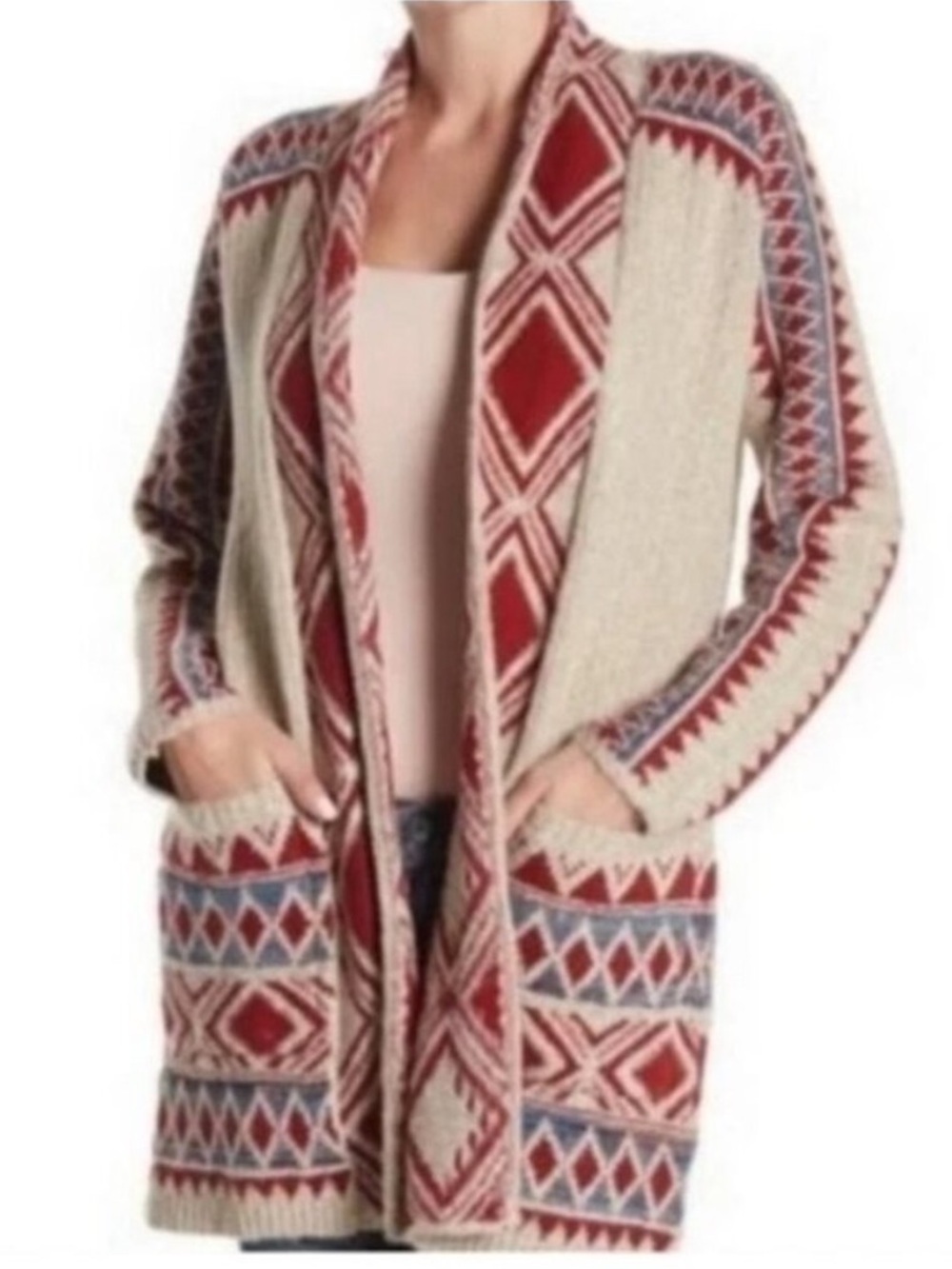Lucky Brand Aztec Tribal Southwestern Cardigan Red Blue Tan Size Large